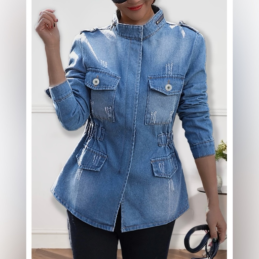 VTG SUSIELADY MOTO Denim Jacket Coat L Blue Faded Distressed Retro Trucker Y2K